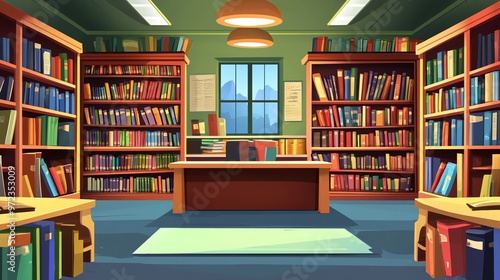 A cartoon illustration of a library with bookshelves full of colorful books.