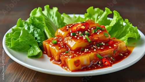 A plate of brightly colored fried rice cakes with Korean chili sauce and fresh lettuce salad next to it, presenting an alluring food style. photo