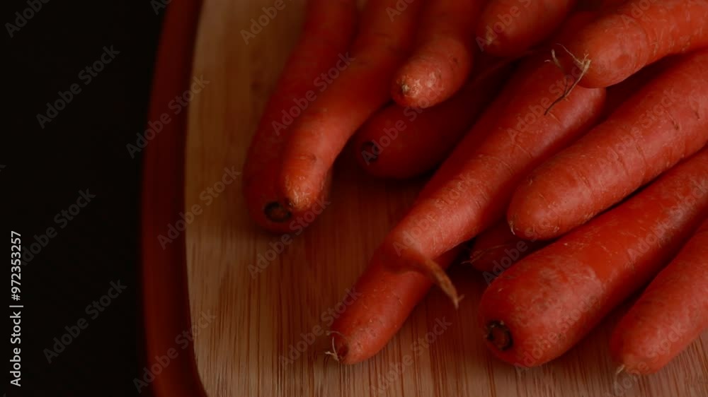 Bunch of Fresh Organic Carrots on a Wooden Chopping Board Close-Up Bunch of Fresh Organic Carrots on a Wooden Chopping Board Close-Up