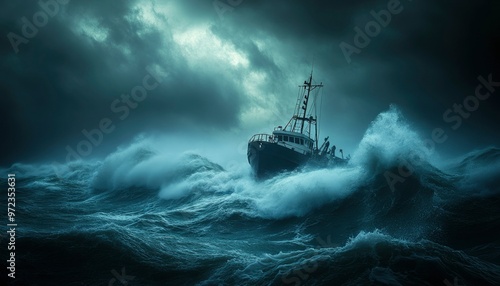 A lone boat battles raging waves during a powerful storm. photo