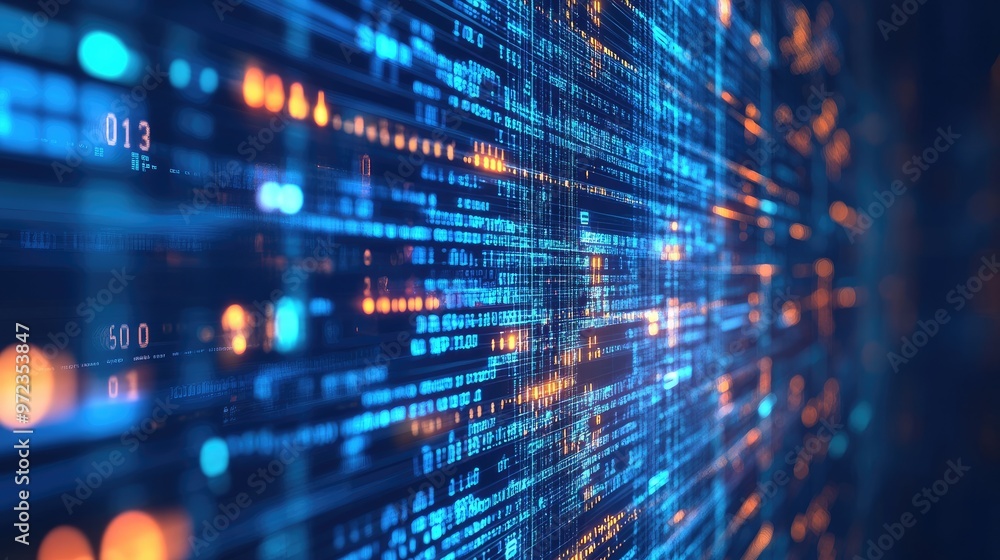 Abstract digital background with blue and orange glowing binary code and numbers. Abstract digital background with blue and orange glowing binary code and numbers.