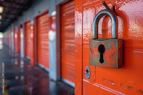 Padlock secured on orange storage unit door   visual guide to available rental storage solutions photo