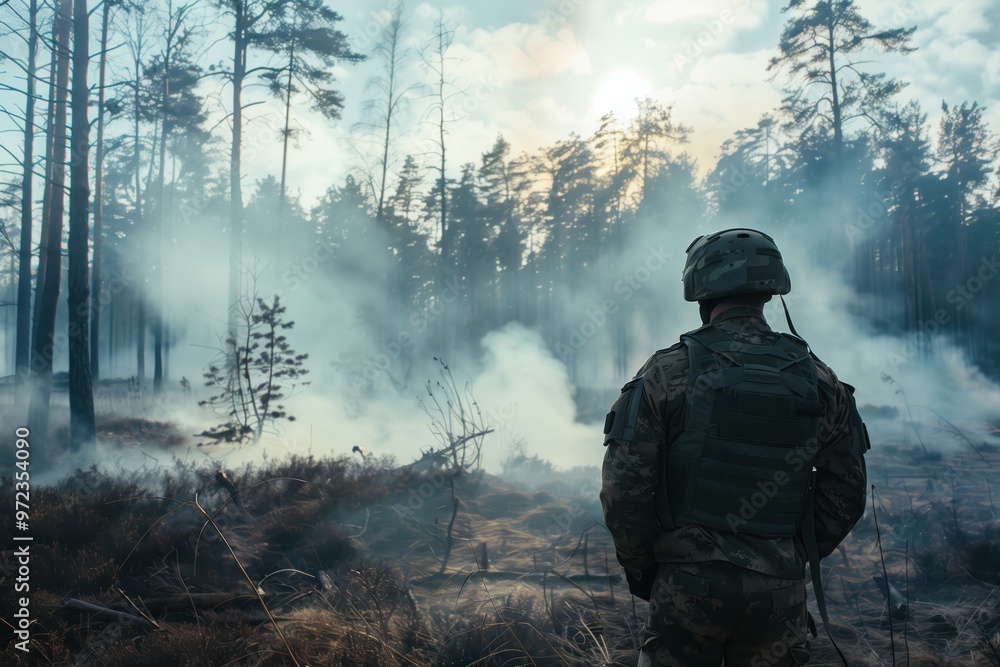 a soldier with a gun in his hands walks through the forest through the smoke a soldier with a gun in his hands walks through the forest through the smoke