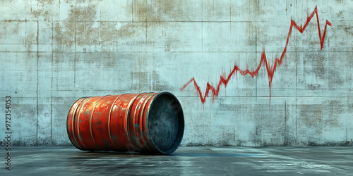 A rusty oil barrel lying on the floor next to a painted, fluctuating price graph on a concrete wall, symbolizing volatility in the oil market.
 photo