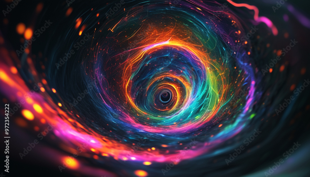 Abstract background, blurred image. Beautiful foggy multi-colored tunnel, spiral consisting of futuristic digital stripes and lines glowing with bright magical energy on a black cosmic background. Abstract background, blurred image. Beautiful foggy multi-colored tunnel, spiral consisting of futuristic digital stripes and lines glowing with bright magical energy on a black cosmic background.