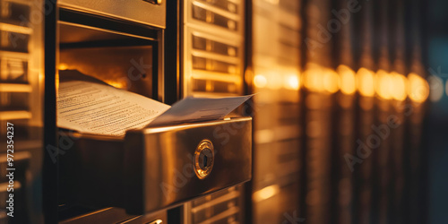 Close-up of a document inside an open bank safety deposit box, symbolizing security and storage of valuable papers under warm lighting.
