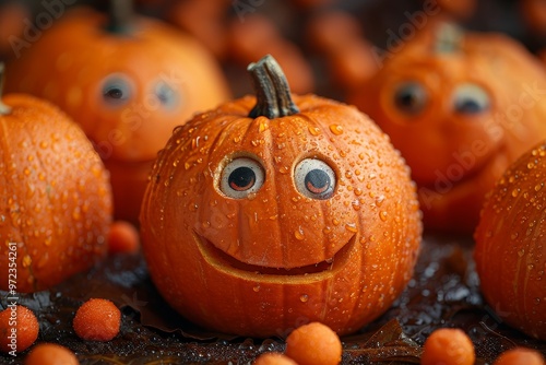 Smiling pumpkins with eyes  a festive display of halloween spirit and whimsical charm photo