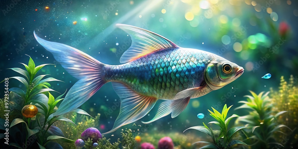 A delicate, iridescent fish with shimmering scales and flowing fins, surrounded by lush aquatic plants, swims serenely A delicate, iridescent fish with shimmering scales and flowing fins, surrounded by lush aquatic plants, swims serenely