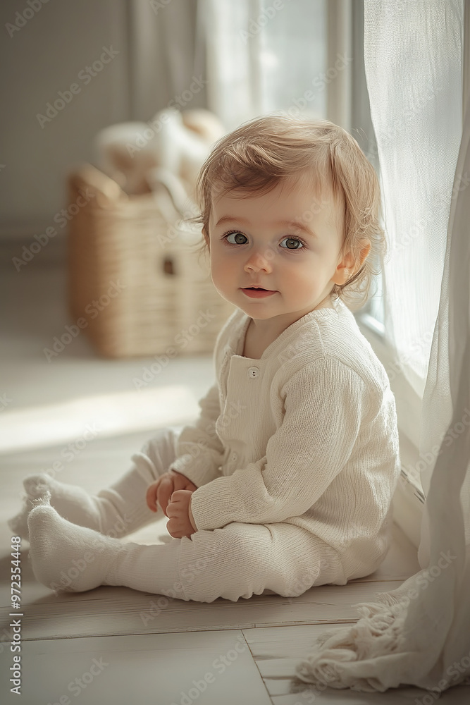 Fototapeta premium A charming portrait of a cute toddler dressed in soft white clothing, sitting or standing in a cozy, light-filled space