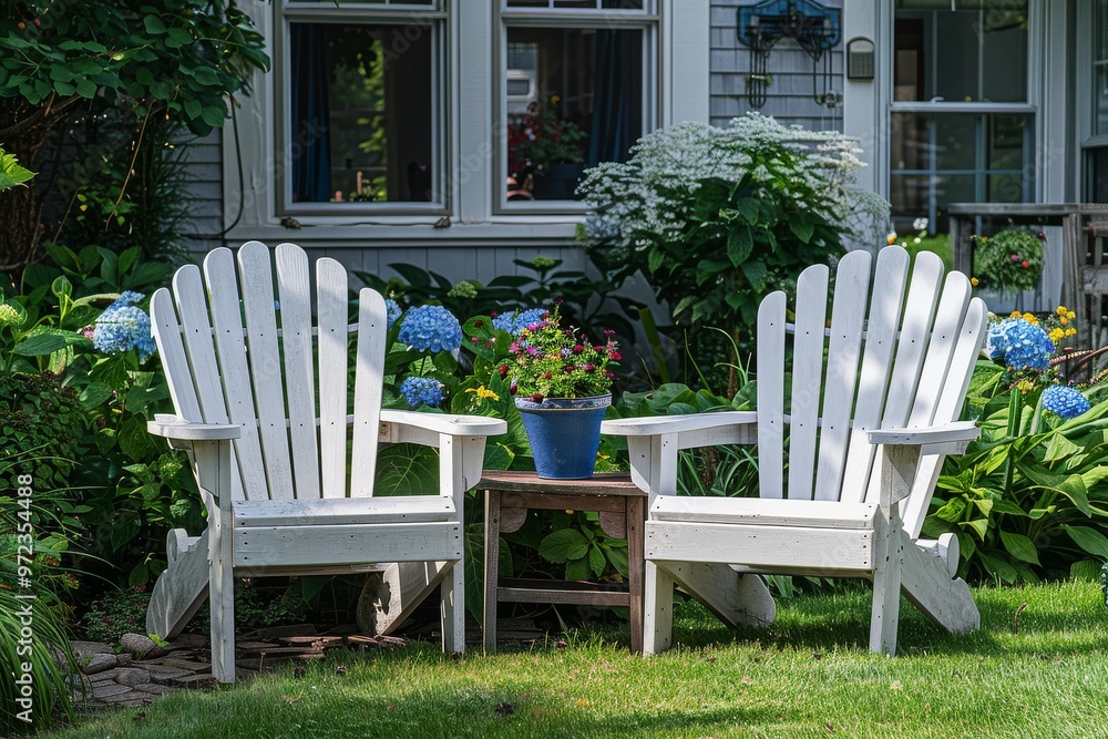 Cozy Outdoor Scene with Two White Adirondack Chairs Surrounded by Greenery, Flowers, and a Blue Pot, Featuring a Small Table and House in Background Cozy Outdoor Scene with Two White Adirondack Chairs Surrounded by Greenery, Flowers, and a Blue Pot, Featuring a Small Table and House in Background