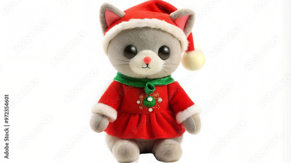 Christmas plush kitty wearing a red Santa hat, dressed in a festive outfit, white background Christmas plush kitty wearing a red Santa hat, dressed in a festive outfit, white background
