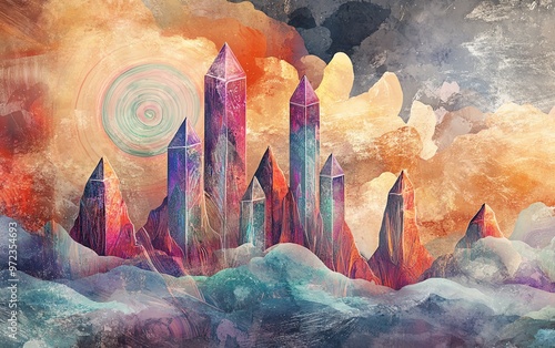 A surreal landscape blending a vibrant fantasy world with abstract psychological symbols, featuring towering crystal mountains and swirling clouds of thought, watercolor style photo