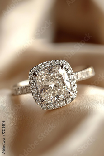 Obraz na płótnie A close-up of a stunning diamond engagement ring with a cushion cut, displayed prominently against a sophisticated backdrop w salonie