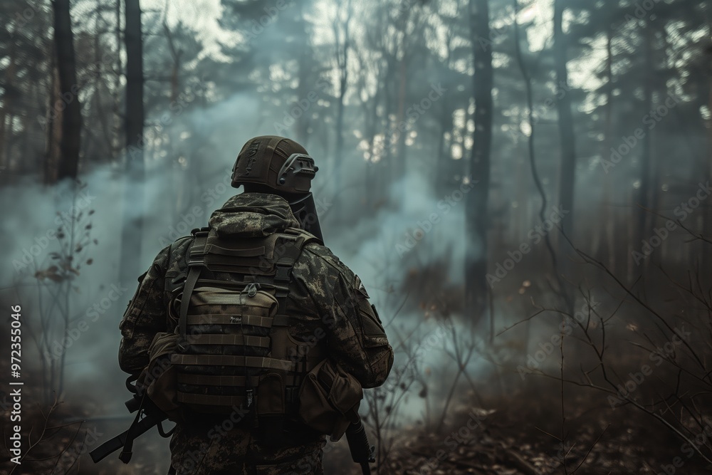 a soldier with a gun in his hands walks through the forest through the smoke a soldier with a gun in his hands walks through the forest through the smoke