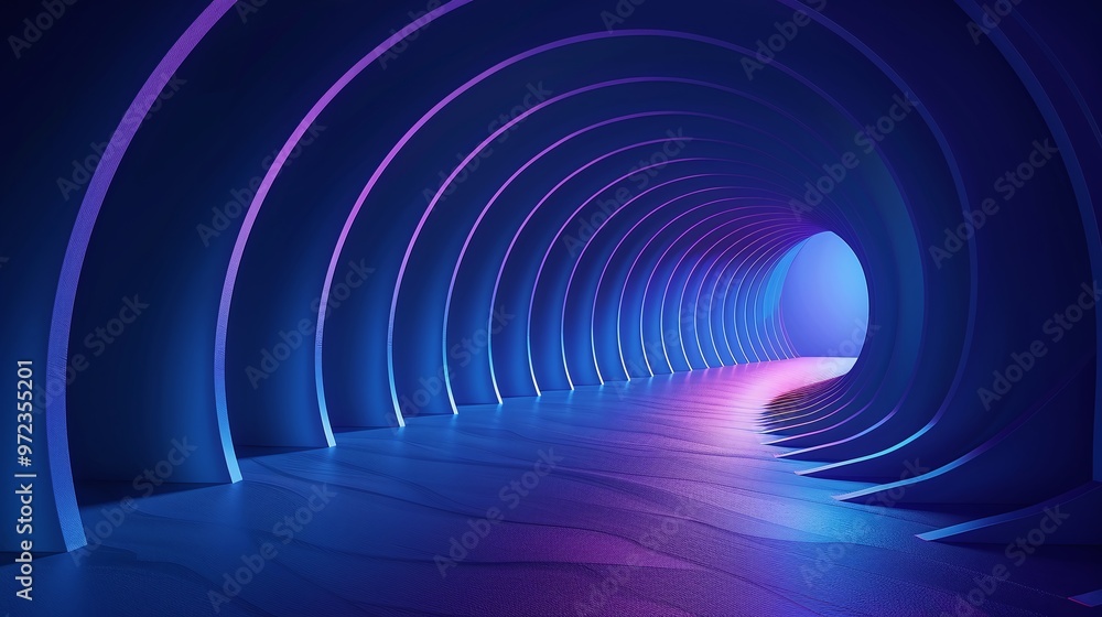Naklejka premium A futuristic tunnel illuminated with vibrant blue and purple lights, creating a mesmerizing ambiance for digital art and design.