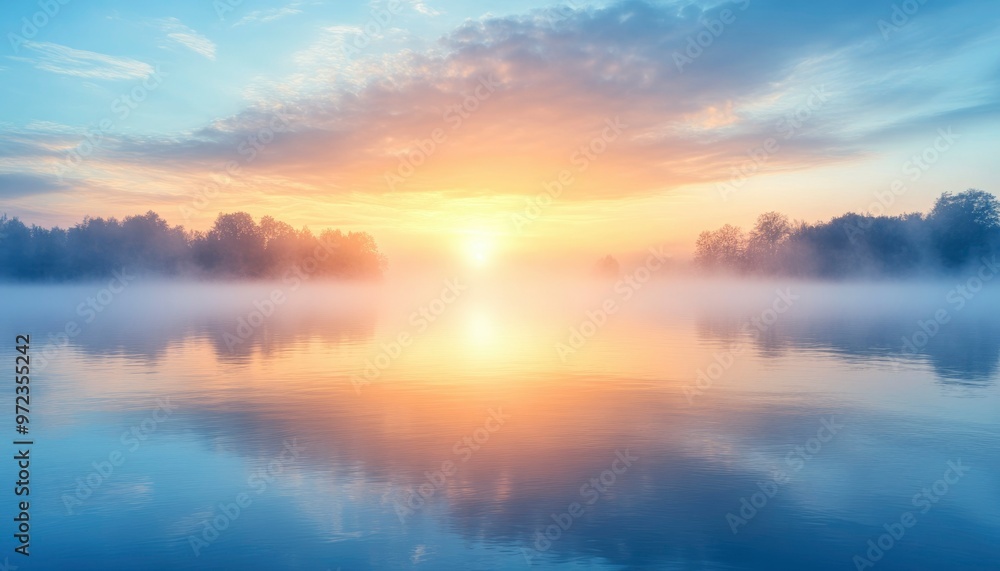 Serene Sunrise Over a Misty Lake with Reflected Sky Serene Sunrise Over a Misty Lake with Reflected Sky