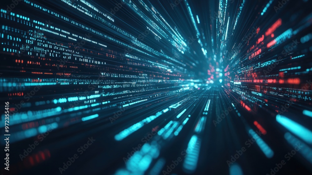 Abstract digital tunnel with glowing lines of binary code moving rapidly through a dark space. Abstract digital tunnel with glowing lines of binary code moving rapidly through a dark space.