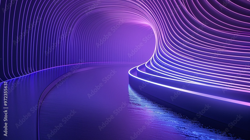 Fototapeta premium A futuristic tunnel with vibrant purple lights illuminating the curved walls, creating a mesmerizing visual effect.