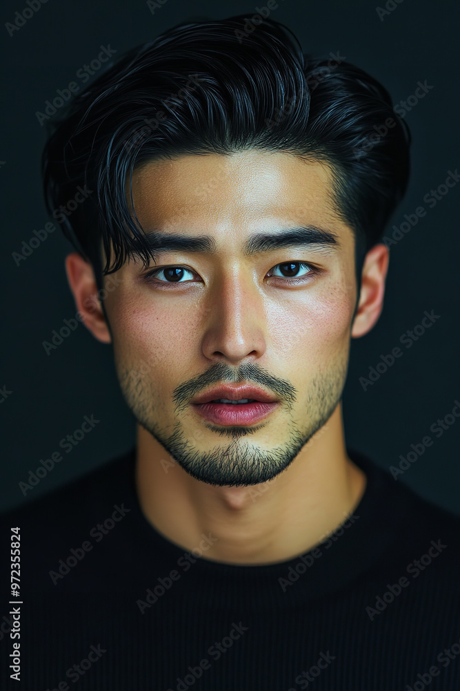 A photo featuring handsome Japanese men, showcasing their faces for makeup and face cosmetics advertising A photo featuring handsome Japanese men, showcasing their faces for makeup and face cosmetics advertising