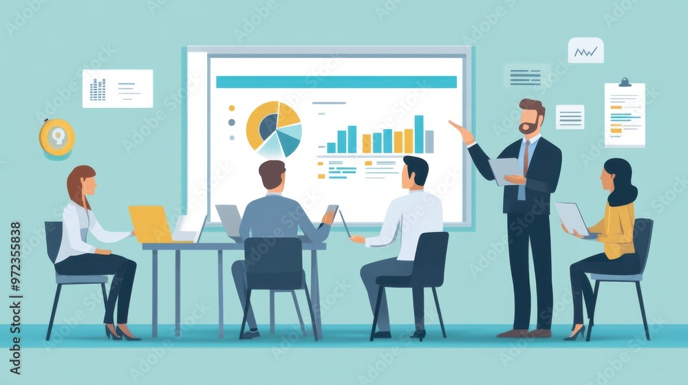 Business training concept in a flat design, showing a group of professionals learning Business training concept in a flat design, showing a group of professionals learning