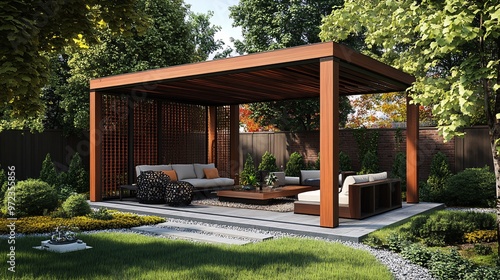 73. Realistic 3D rendering of a contemporary gazebo with a pergola, complete with a comfortable seating area, set in a landscaped outdoor environment photo