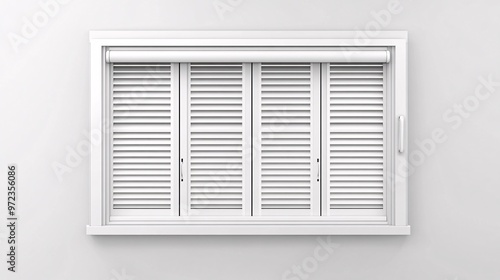 76. Realistic 3D vector set showcasing a white window frame with closed and partially open jalousie, featuring venetian blinds, plastic and fabric roll curtains with a control cord