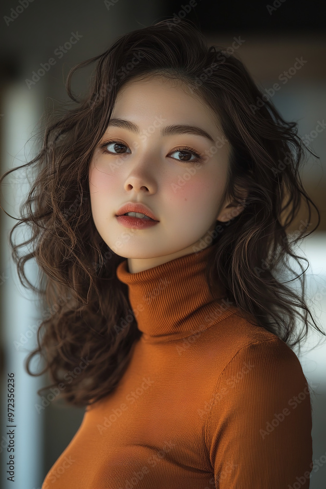 A portrait of a beautiful Japanese woman with loose bronze curls, dressed in a burnt orange turtleneck A portrait of a beautiful Japanese woman with loose bronze curls, dressed in a burnt orange turtleneck