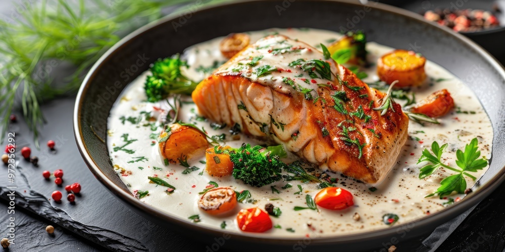 Salmon fillets served with a rich creamy sauce and vibrant vegetables Salmon fillets served with a rich creamy sauce and vibrant vegetables