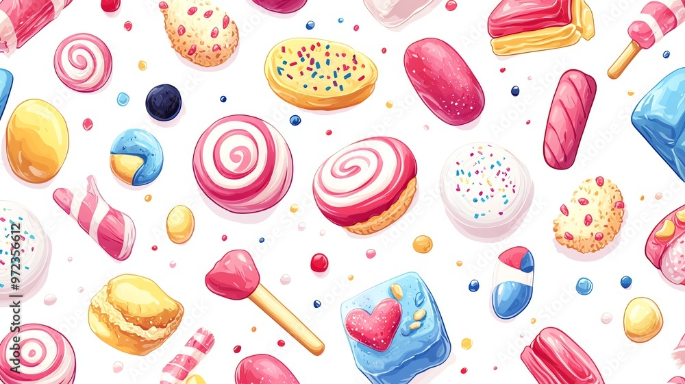 Seamless pattern of colorful candy and sweet treats on white background. Seamless pattern of colorful candy and sweet treats on white background.