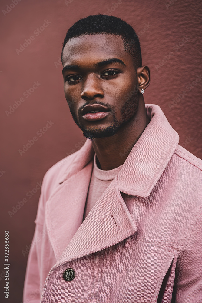 Obraz premium A portrait of an African American male model dressed in trendy, pink-colored clothing