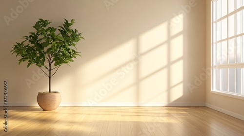 83. Spacious empty room with neutral beige walls, polished wooden floors, and a solitary plant in a pot, depicted in a clean 3D rendering