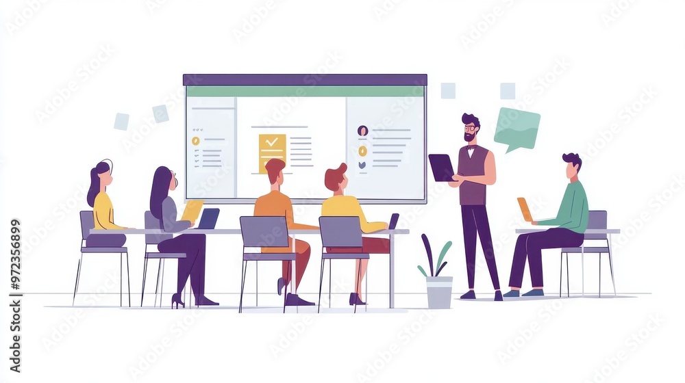 Business training session depicted in modern flat design, featuring a coach guiding a team Business training session depicted in modern flat design, featuring a coach guiding a team