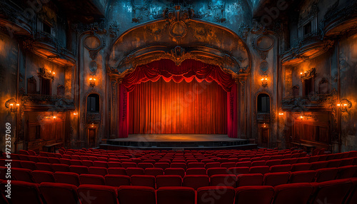 “Photograph of an Empty Theater with Red Velvet Seats and a Grand Stage” 