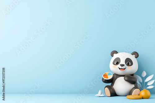 Cute cartoon panda joyful with a slice of orange, sitting against a soft blue background, perfect for kids' themes.