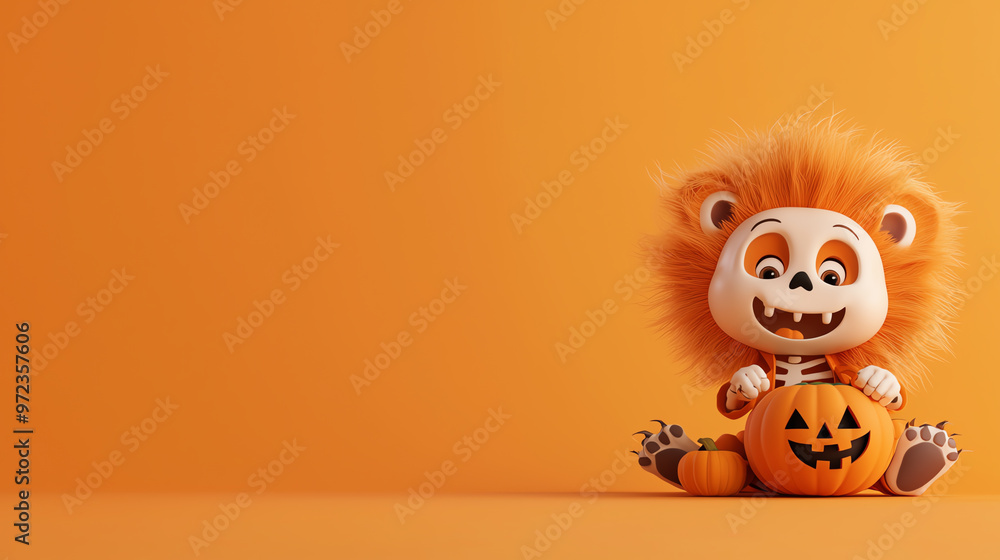 Cute lion character with pumpkin, perfect for Halloween-themed designs and decorations in vibrant orange setting. Cute lion character with pumpkin, perfect for Halloween-themed designs and decorations in vibrant orange setting.
