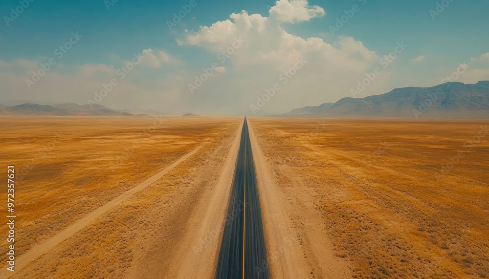 Fototapeta premium Aerial View of a Straight Road Through a Dry Desert Landscape