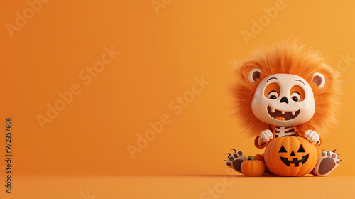 Cute lion character with pumpkin, perfect for Halloween-themed designs and decorations in vibrant orange setting. photo