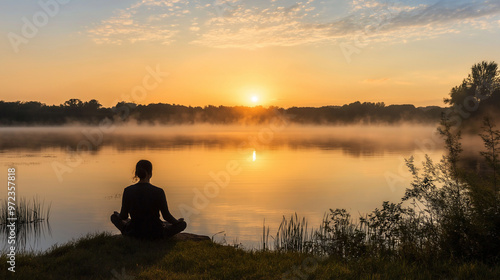 Peaceful meditation by a lake at sunrise with mist and reflection