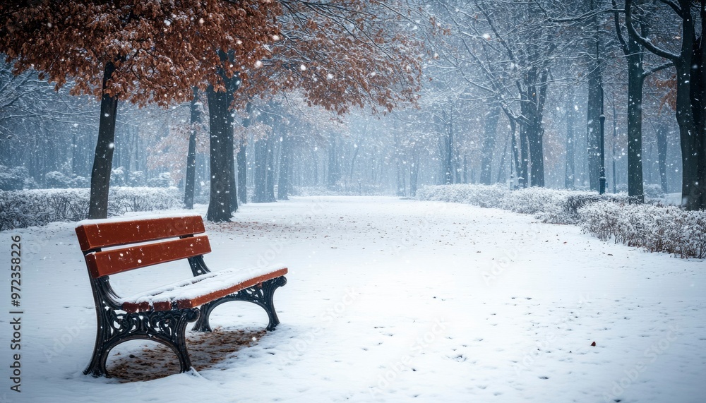 A lone bench sits in a snowy park with fallen leaves. A lone bench sits in a snowy park with fallen leaves.
