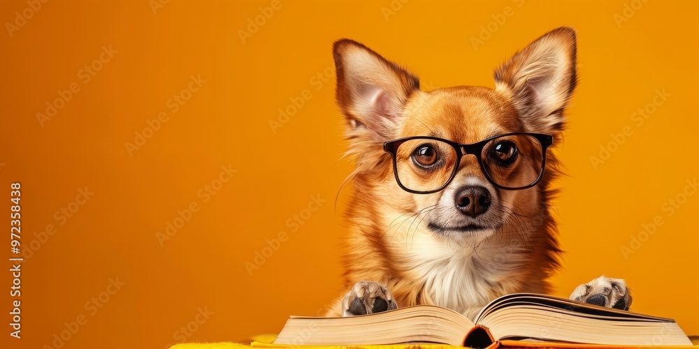 Playful Dog Wearing Glasses Engrossed in a Book Against a Vibrant Orange Background—Ideal for Custom Text, Creative Banners, and Engaging Copy Space. Playful Dog Wearing Glasses Engrossed in a Book Against a Vibrant Orange Background—Ideal for Custom Text, Creative Banners, and Engaging Copy Space.