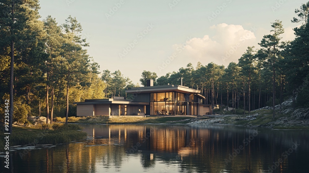 108. 3D visualization of a contemporary home, blending modern architecture with a serene natural landscape, highlighting expansive windows and a harmonious design 108. 3D visualization of a contemporary home, blending modern architecture with a serene natural landscape, highlighting expansive windows and a harmonious design