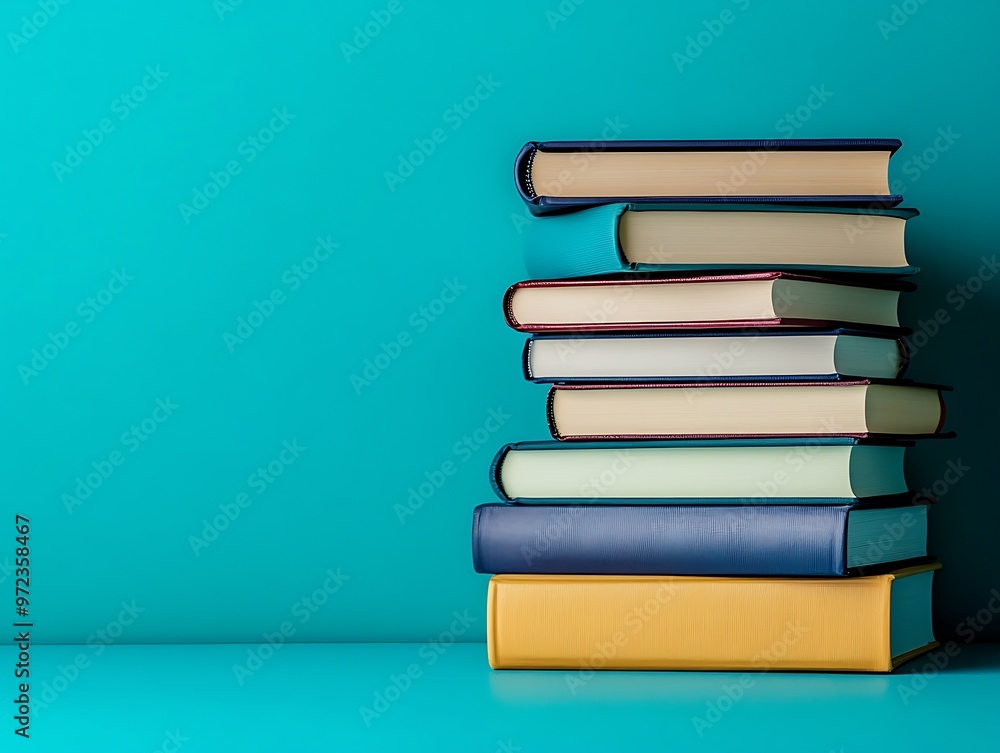 A stack of colourful books on an orange and blue background. A stack of colourful books on an orange and blue background.