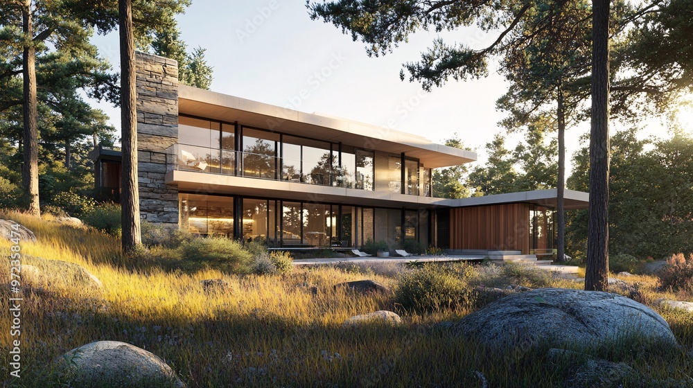 108. 3D visualization of a contemporary home, blending modern architecture with a serene natural landscape, highlighting expansive windows and a harmonious design 108. 3D visualization of a contemporary home, blending modern architecture with a serene natural landscape, highlighting expansive windows and a harmonious design