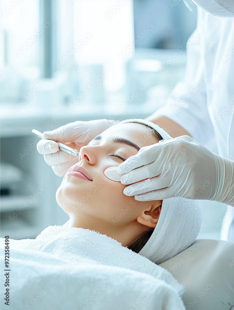 Attractive young woman gets cosmetic injection. Doctors hands making an injection in face.Pretty elegant woman getting anti aging biorevitalization in beauty clinic. Attractive young woman gets cosmetic injection. Doctors hands making an injection in face.Pretty elegant woman getting anti aging biorevitalization in beauty clinic.
