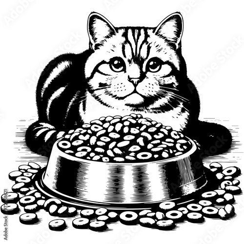 Cat with a food bowl and dry cat food in a monochrome illustration. Vector, generative ai.