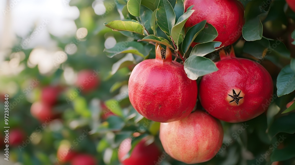 pomegranate tree full of red fruits in an orchard, Generative AI pomegranate tree full of red fruits in an orchard, Generative AI