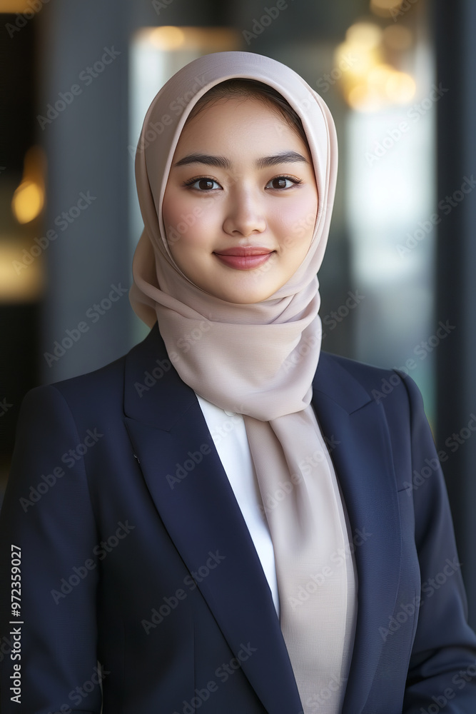 A young Asian Muslim businesswoman, dressed in a professional suit and hijab, stands confidently with a warm smile A young Asian Muslim businesswoman, dressed in a professional suit and hijab, stands confidently with a warm smile