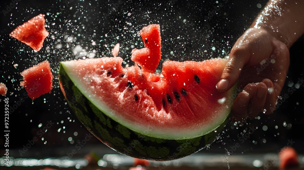 Hand Smashing a Watermelon: A hand smashing a watermelon, with pieces and juice flying in all directions.
Hand Smashing a Watermelon: A hand smashing a watermelon, with pieces and juice flying in all directions.