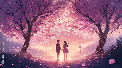 Couple Holding Hands Under a Cherry Blossom Tree