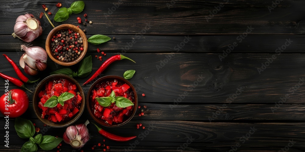 Ingredients for making traditional tomato salsa arranged on a black wooden background, ideal for culinary promotions. Ingredients for making traditional tomato salsa arranged on a black wooden background, ideal for culinary promotions.
